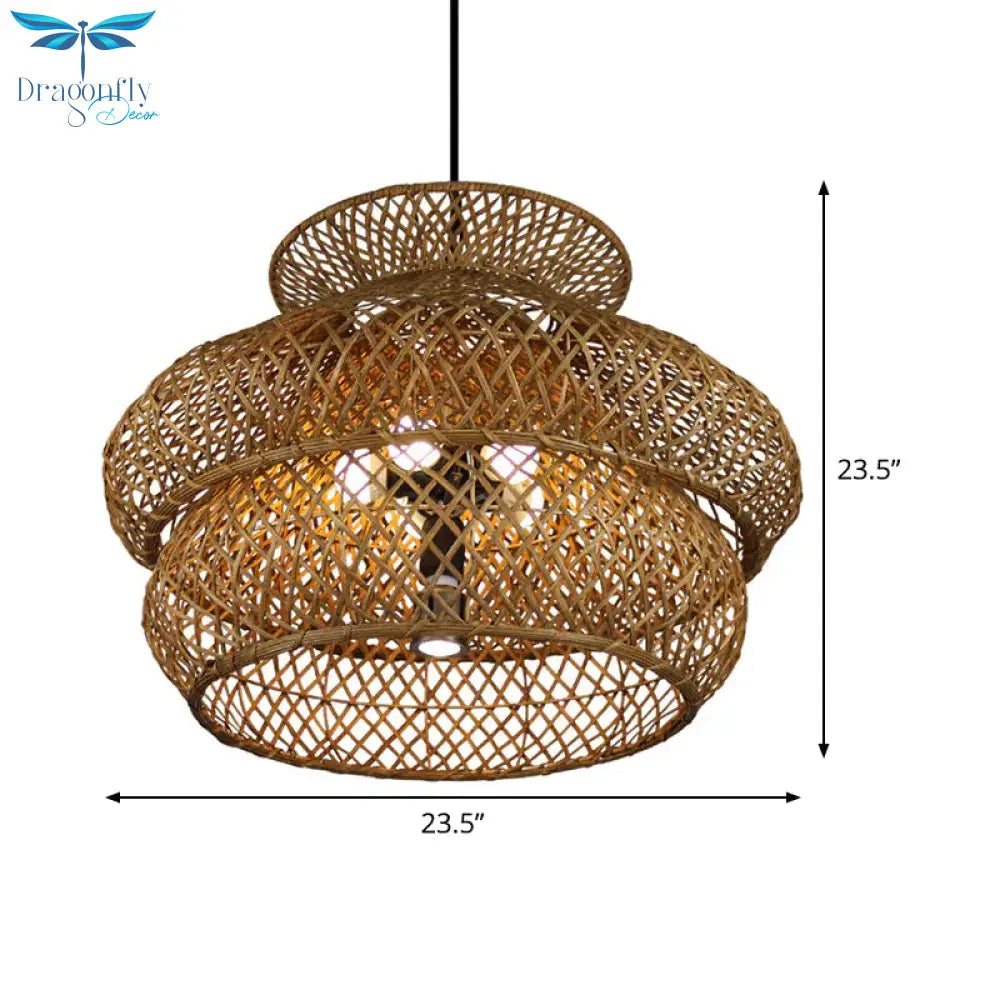 6 Heads Wide Flare Ceiling Chandelier Asian Bamboo Hanging Pendant Light In Brown