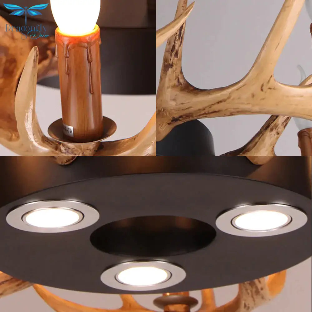 6 - Light Antler Chandelier Light Farmhouse Brown Resin Suspension Pendant For Living Room