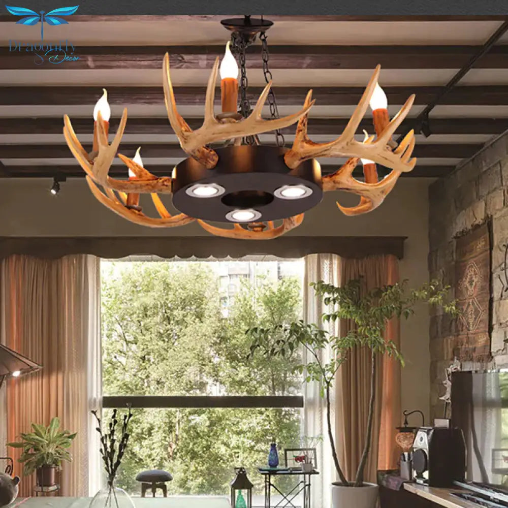 6 - Light Antler Chandelier Light Farmhouse Brown Resin Suspension Pendant For Living Room
