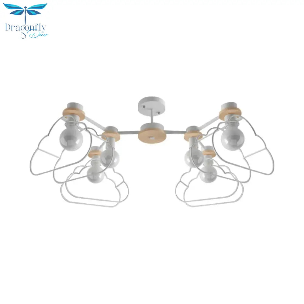 6 - Light Bedroom Hanging Chandelier Cartoon White Pendant Lamp With Cloud/Star Iron Cage And Wood