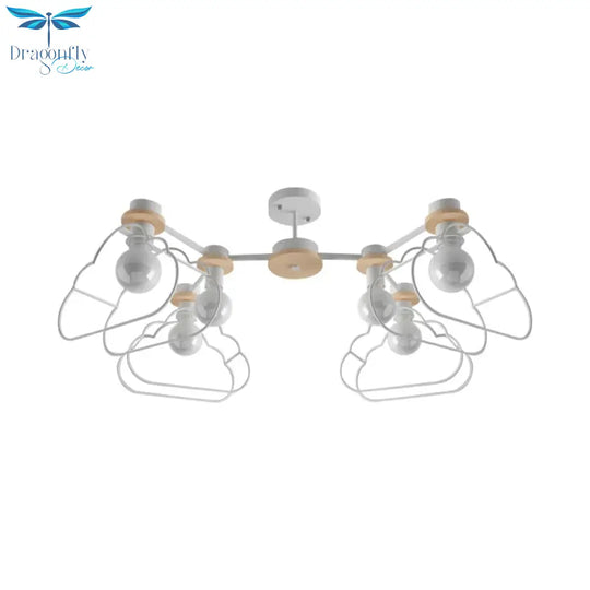 6 - Light Bedroom Hanging Chandelier Cartoon White Pendant Lamp With Cloud/Star Iron Cage And Wood