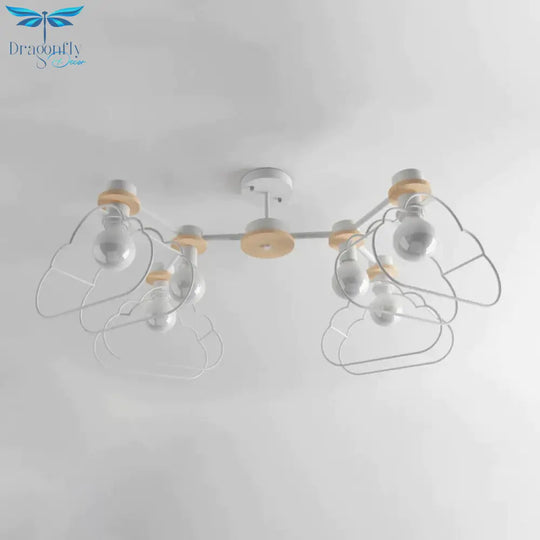 6 - Light Bedroom Hanging Chandelier Cartoon White Pendant Lamp With Cloud/Star Iron Cage And Wood