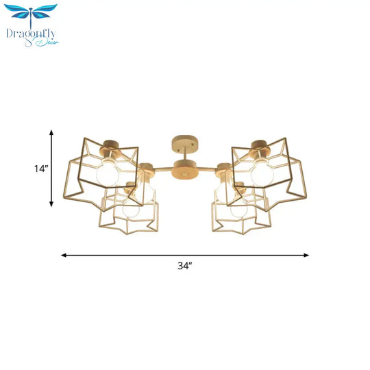 6 - Light Bedroom Hanging Chandelier Cartoon White Pendant Lamp With Cloud/Star Iron Cage And Wood