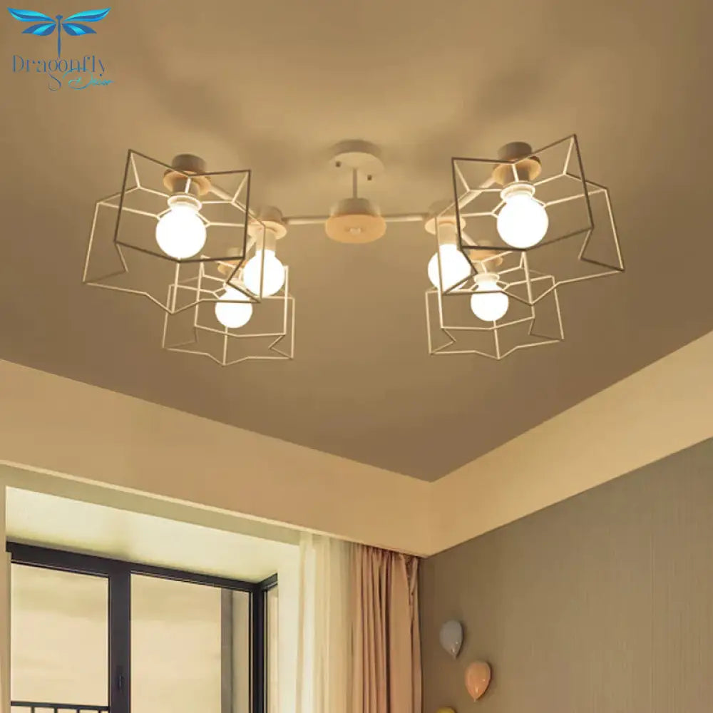 6 - Light Bedroom Hanging Chandelier Cartoon White Pendant Lamp With Cloud/Star Iron Cage And Wood