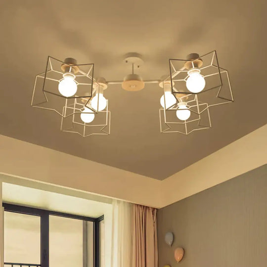 6 - Light Bedroom Hanging Chandelier Cartoon White Pendant Lamp With Cloud/Star Iron Cage And Wood
