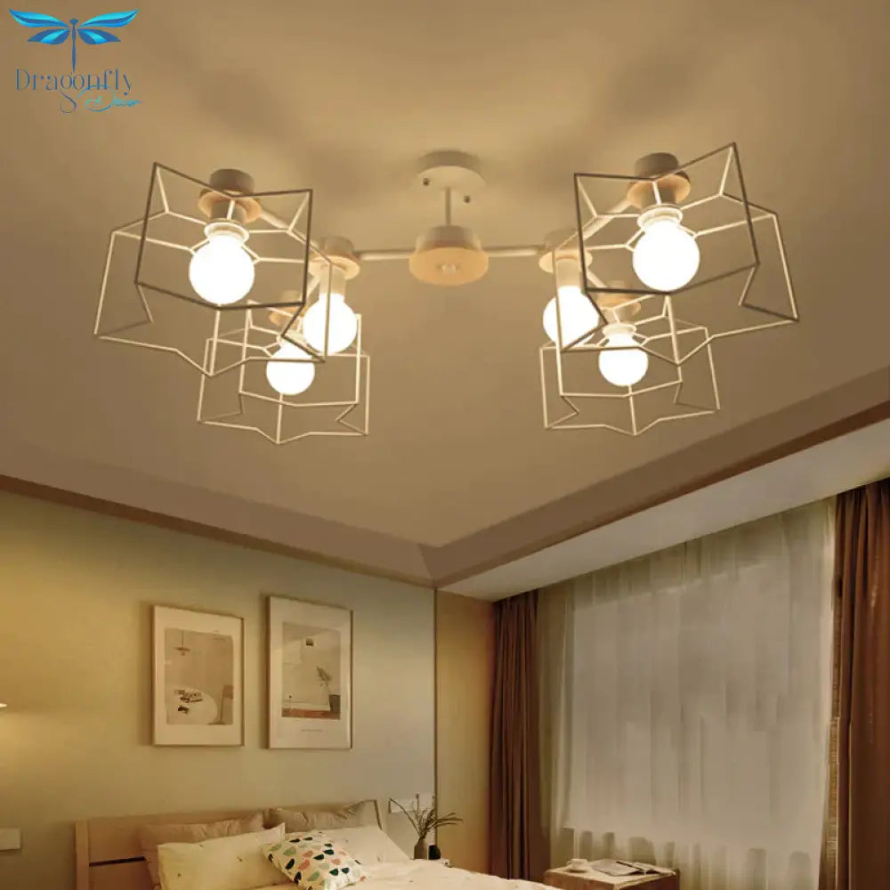 6 - Light Bedroom Hanging Chandelier Cartoon White Pendant Lamp With Cloud/Star Iron Cage And Wood