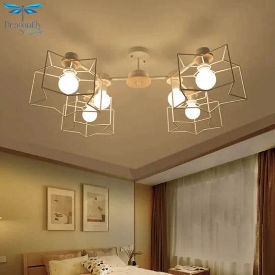 6 - Light Bedroom Hanging Chandelier Cartoon White Pendant Lamp With Cloud/Star Iron Cage And Wood