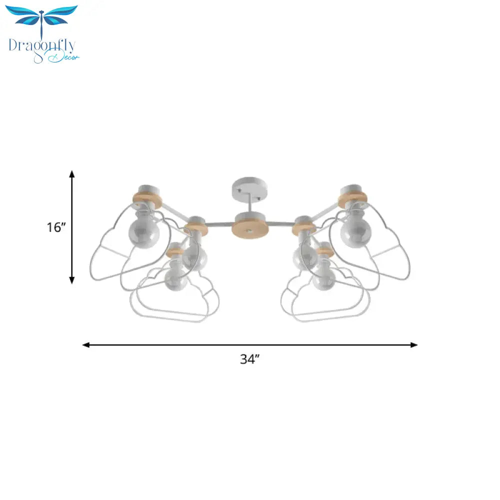 6 - Light Bedroom Hanging Chandelier Cartoon White Pendant Lamp With Cloud/Star Iron Cage And Wood