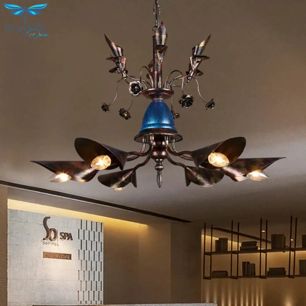 6 - Light Bell Chandelier Traditional Blue Iron Hanging Pendant With Red Flame Conical Shade