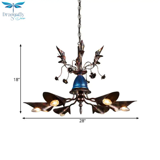 6 - Light Bell Chandelier Traditional Blue Iron Hanging Pendant With Red Flame Conical Shade
