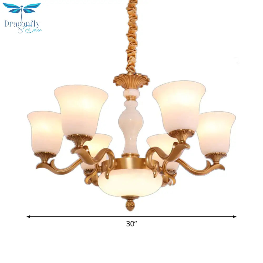 6 - Light Bell Up Chandelier Lamp Vintage Brass Cream Glass Pendant Light Fixture For Bedroom