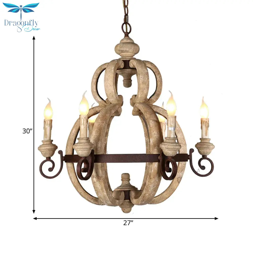 6 - Light Chandelier Light Antique Living Room Suspension Pendant With Candle Wood In Beige