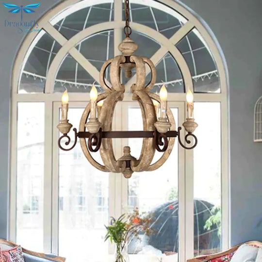 6 - Light Chandelier Light Antique Living Room Suspension Pendant With Candle Wood In Beige
