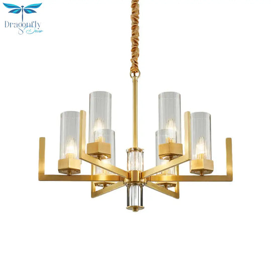 6 - Light Clear Glass Chandelier Lamp Colonialism Gold Column Living Room Ceiling Pendant Light