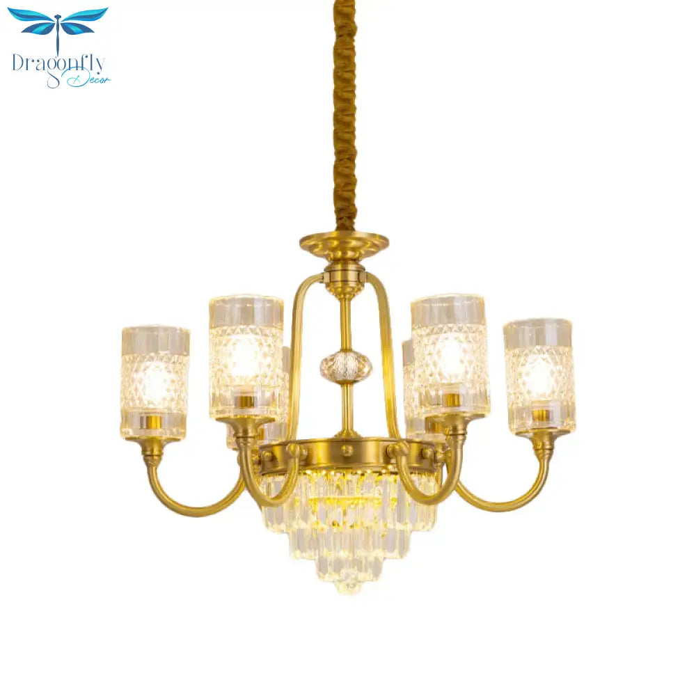6 - Light Pillar Hanging Chandelier Postmodern Gold Textured Glass Pendant Lamp With Tiered Crystal