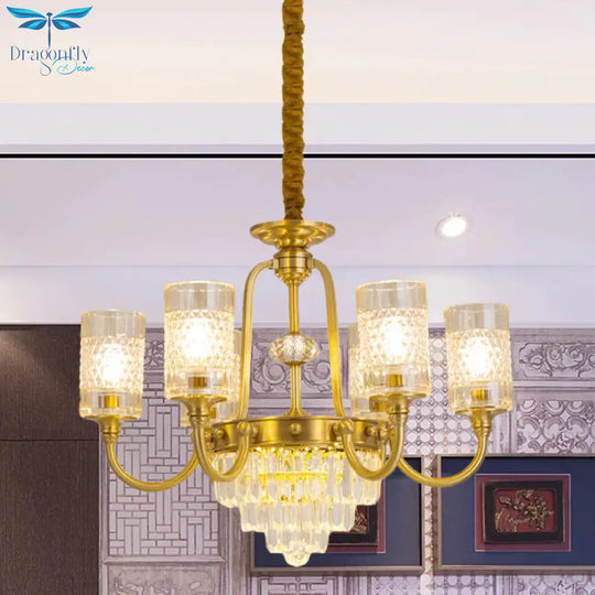 6 - Light Pillar Hanging Chandelier Postmodern Gold Textured Glass Pendant Lamp With Tiered Crystal