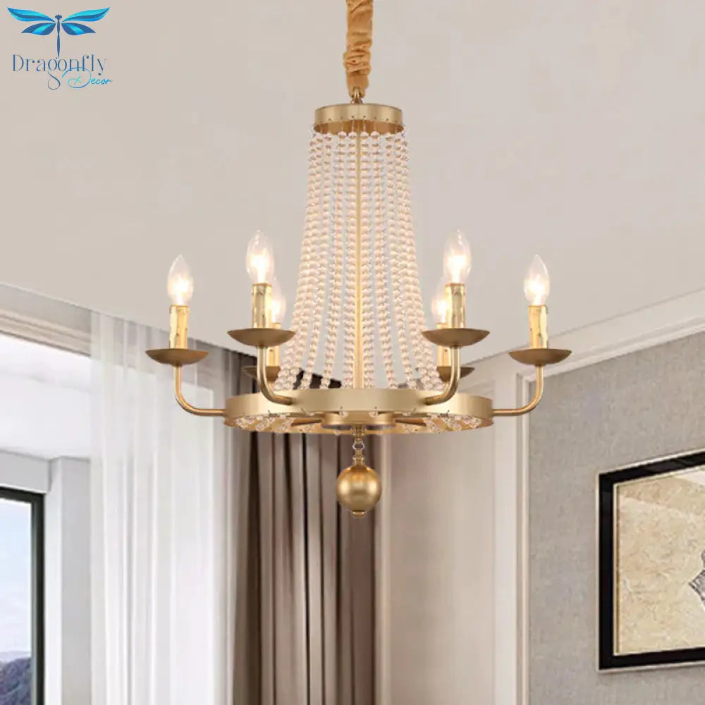 6 - Light Ring Hanging Chandelier Country Style Gold Finish Crystal Strand Candle Ceiling Lamp