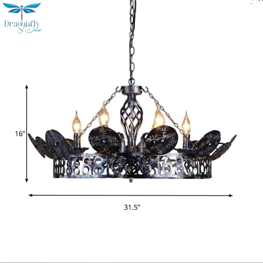 6 - Light Wagon Wheel Chandelier Light Traditional Black Metal Suspension Pendant For Cafe