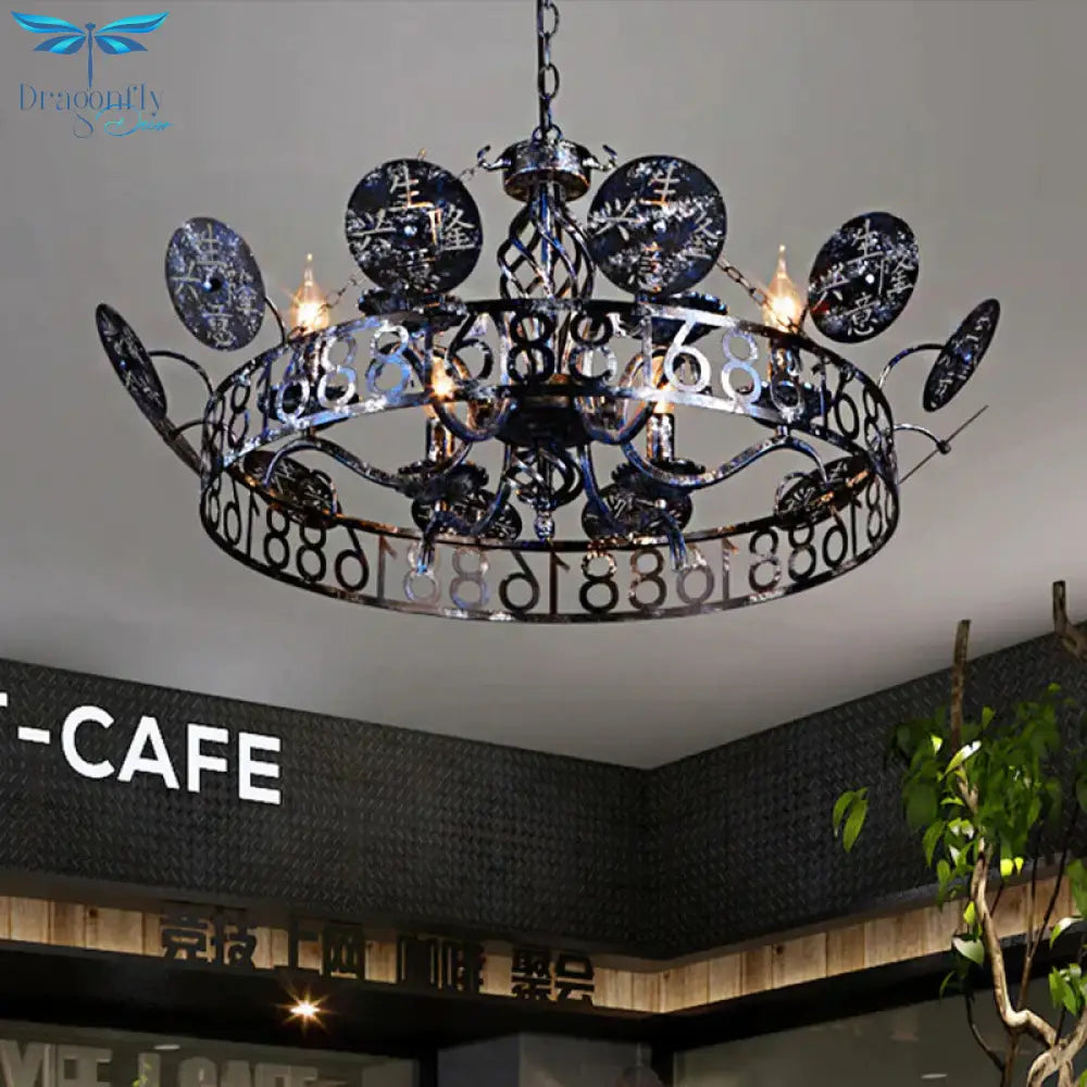 6 - Light Wagon Wheel Chandelier Light Traditional Black Metal Suspension Pendant For Cafe