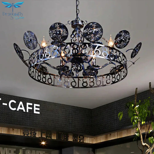6 - Light Wagon Wheel Chandelier Light Traditional Black Metal Suspension Pendant For Cafe