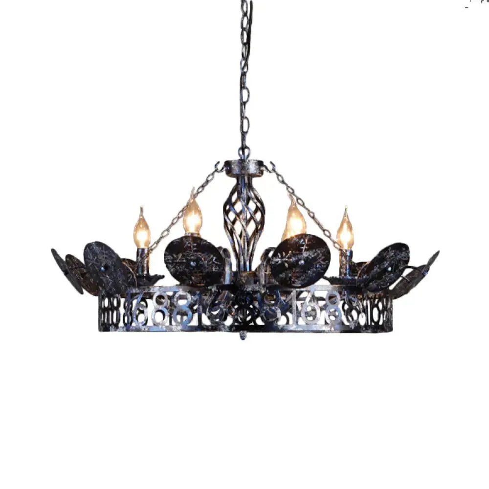 6 - Light Wagon Wheel Chandelier Light Traditional Black Metal Suspension Pendant For Cafe