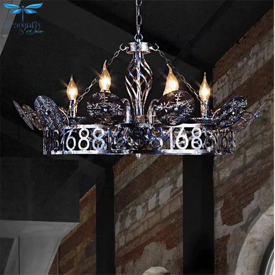 6 - Light Wagon Wheel Chandelier Light Traditional Black Metal Suspension Pendant For Cafe