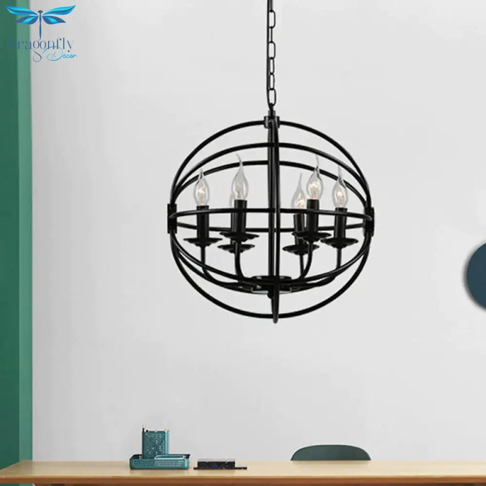 6 Lights Candle Chandelier Classic Black Metal Pendant Light Fixture For Dining Room With Globe