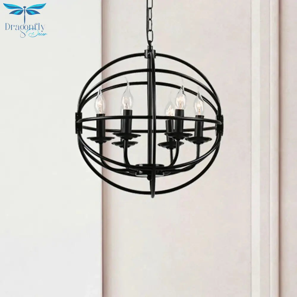 6 Lights Candle Chandelier Classic Black Metal Pendant Light Fixture For Dining Room With Globe