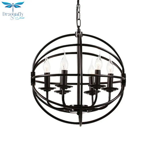 6 Lights Candle Chandelier Classic Black Metal Pendant Light Fixture For Dining Room With Globe