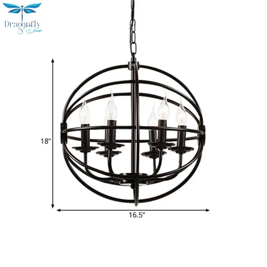 6 Lights Candle Chandelier Classic Black Metal Pendant Light Fixture For Dining Room With Globe