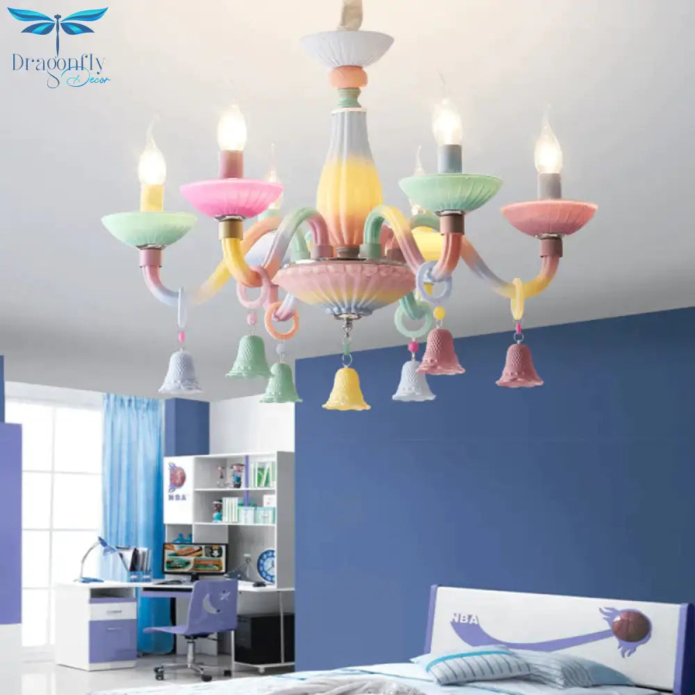 6 Lights Candle Hanging Light With Bell Deco Modern Glass Colorful Chandelier For Girl Bedroom