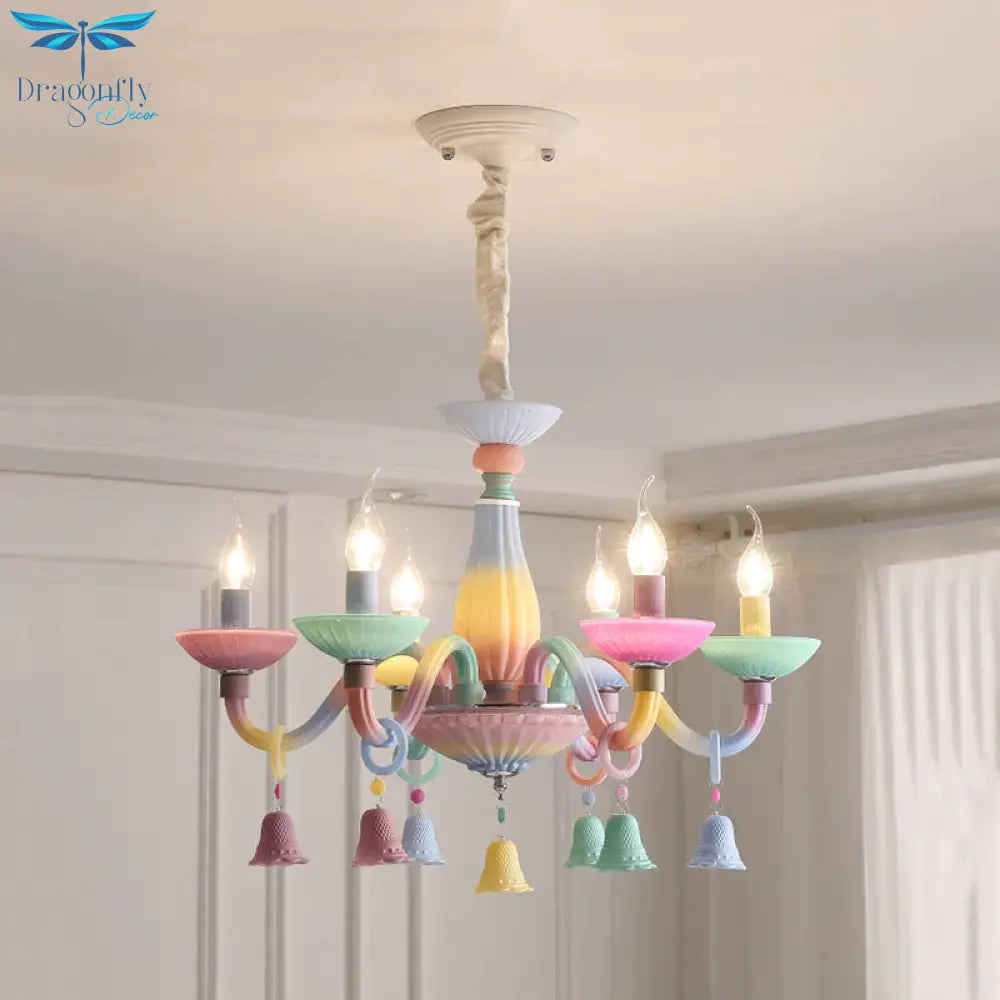 6 Lights Candle Hanging Light With Bell Deco Modern Glass Colorful Chandelier For Girl Bedroom