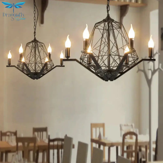 6 Lights Ceiling Light Traditional Candle Metal Hanging Chandelier In Black/White With Geometric