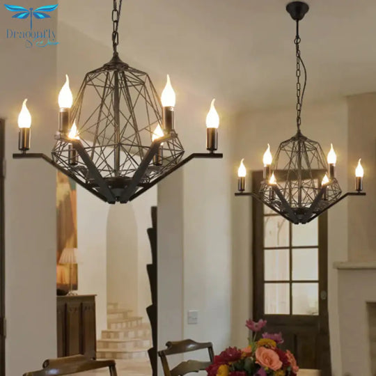 6 Lights Ceiling Light Traditional Candle Metal Hanging Chandelier In Black/White With Geometric