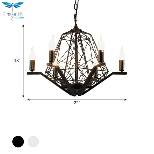 6 Lights Ceiling Light Traditional Candle Metal Hanging Chandelier In Black/White With Geometric