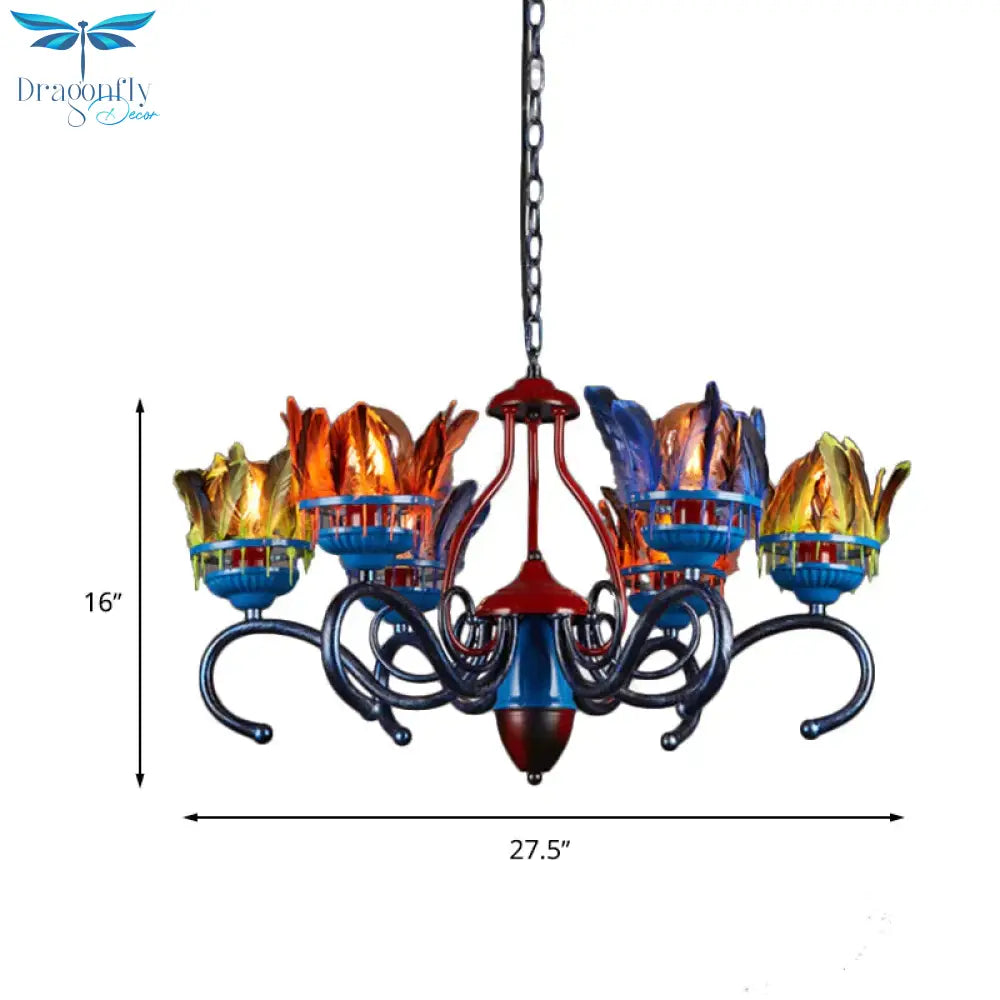6 Lights Chandelier Lighting Fixture Antique Feather Metal Ceiling Suspension Lamp In Orange - Blue