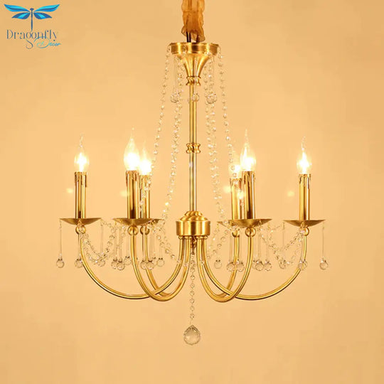 6 Lights Chandelier Lighting Traditional Curvy Arm Crystal Ceiling Pendant Light In Gold