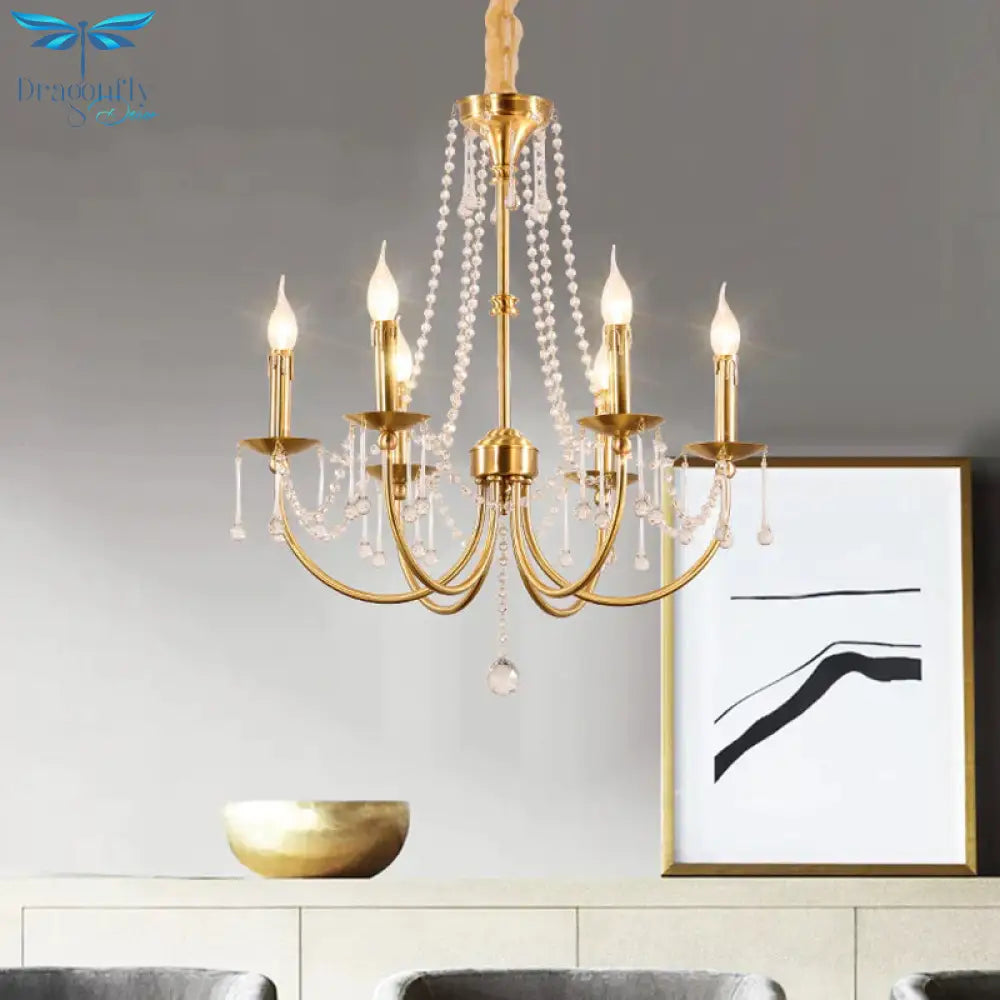 6 Lights Chandelier Lighting Traditional Curvy Arm Crystal Ceiling Pendant Light In Gold