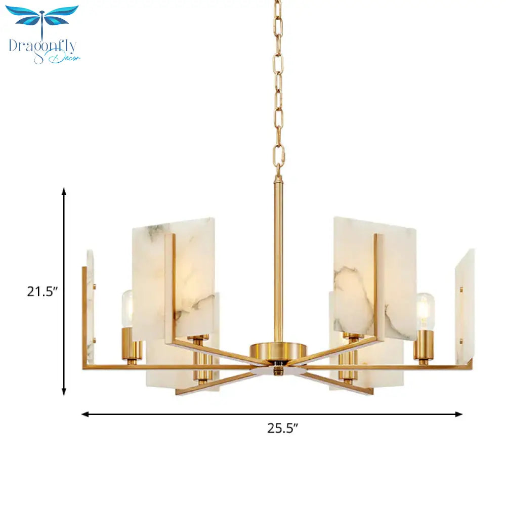 6 Lights Chandelier Pendant Light Colonial Expose Bulb Metal Suspension Lamp In Gold With Rectangle