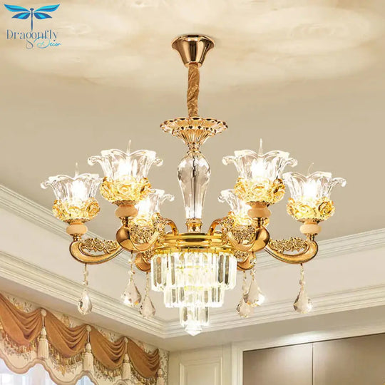 6 Lights Clear Glass Pendant Lamp Traditional Gold Flower Dining Room Chandelier With Tiered