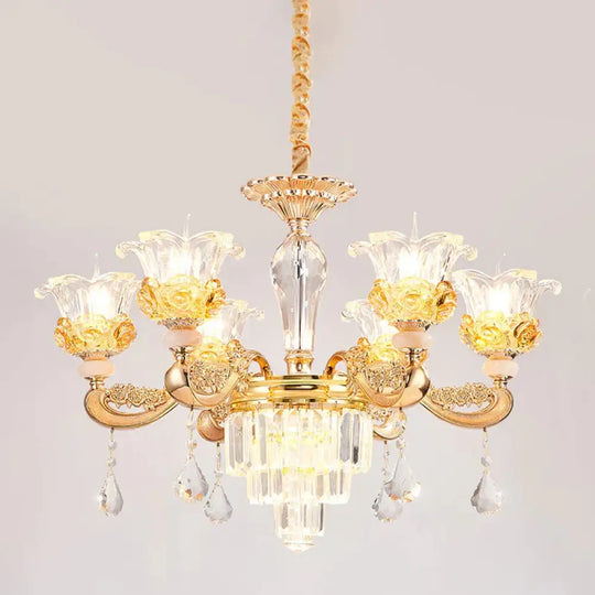 6 Lights Clear Glass Pendant Lamp Traditional Gold Flower Dining Room Chandelier With Tiered