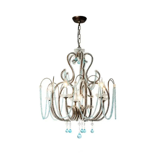 6 Lights Curve Arm Chandelier Light Vintage Rust Metal Hanging Kit With Crystal Strand