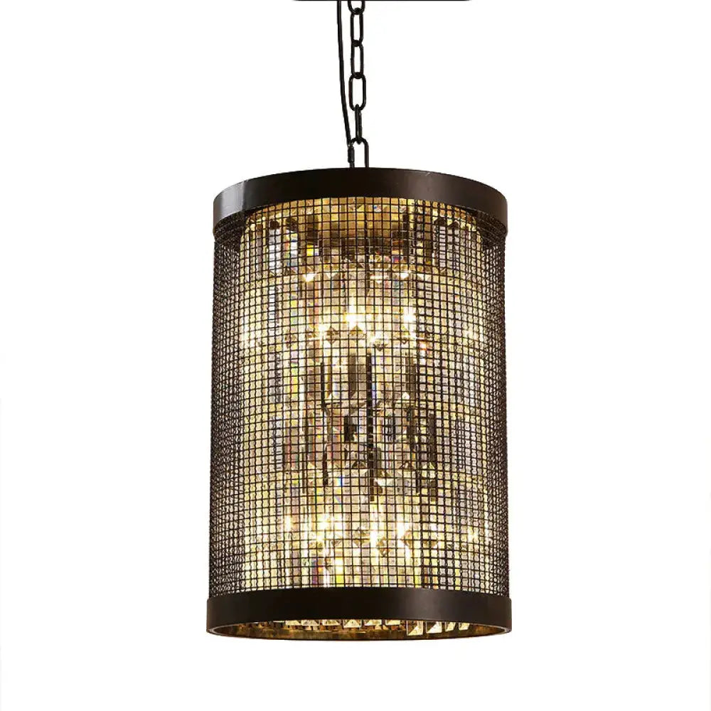 6 Lights Cylinder Chandelier Light Country Black Metal Hanging Ceiling Fixture For Dining Room With