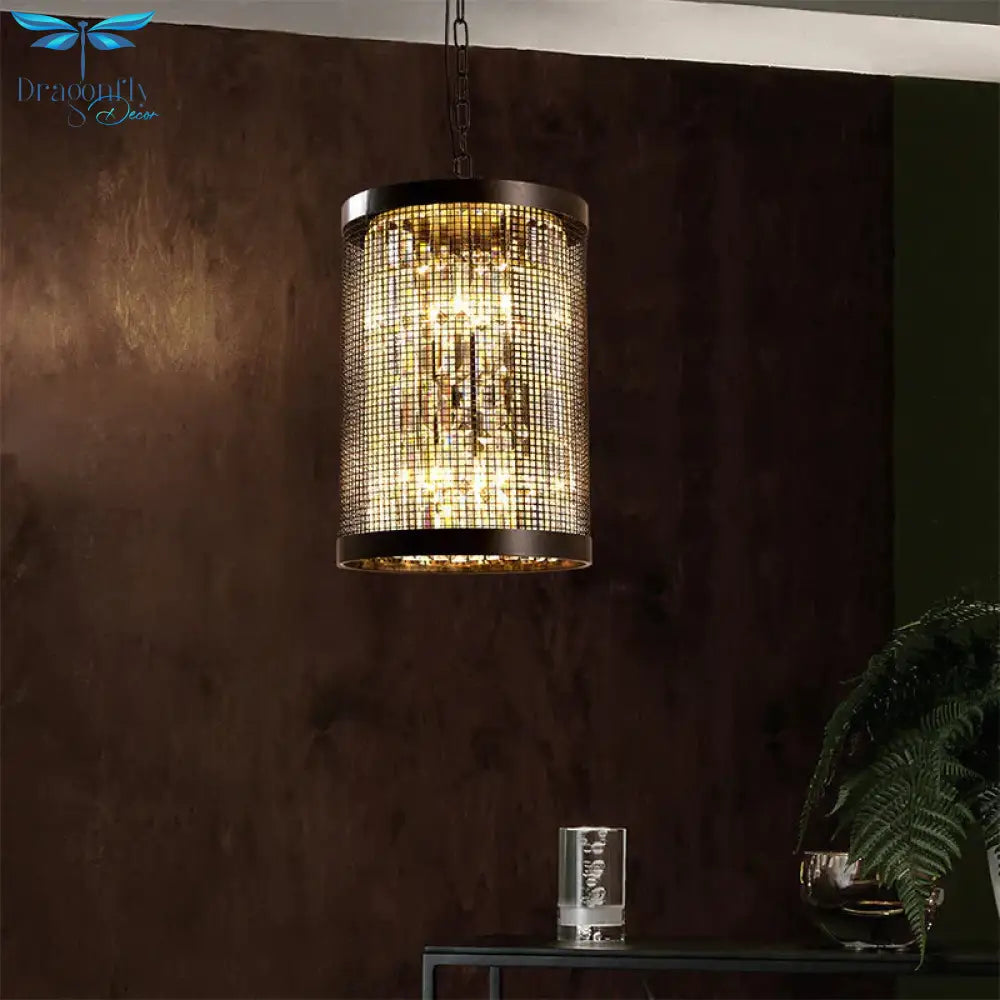 6 Lights Cylinder Chandelier Light Country Black Metal Hanging Ceiling Fixture For Dining Room With