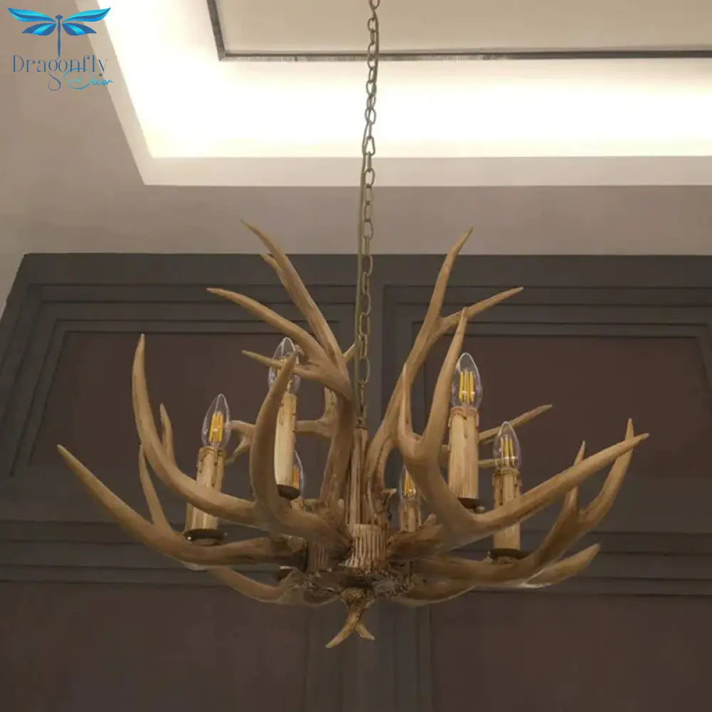 6 Lights Deer Horn Ceiling Pendant Rural Brown Resin Chandelier Lamp For Living Room