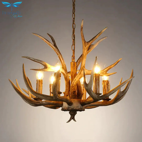 6 Lights Deer Horn Ceiling Pendant Rural Brown Resin Chandelier Lamp For Living Room