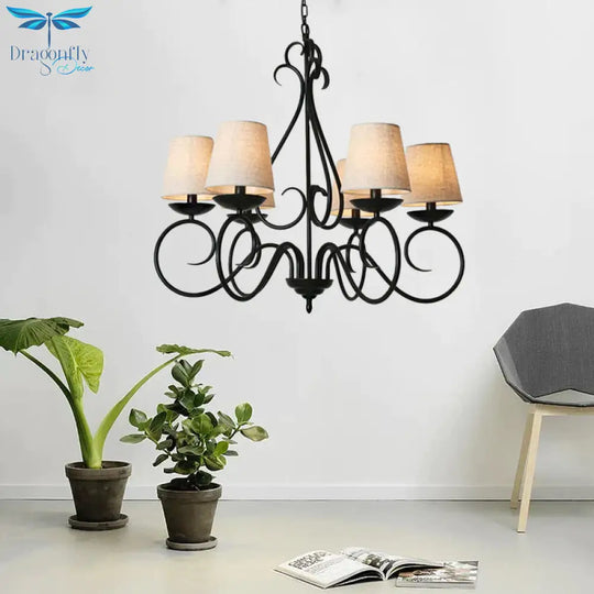 6 Lights Fabric Chandelier Light Traditional Coffee/Flaxen/White Conical Dining Room Hanging Fixture