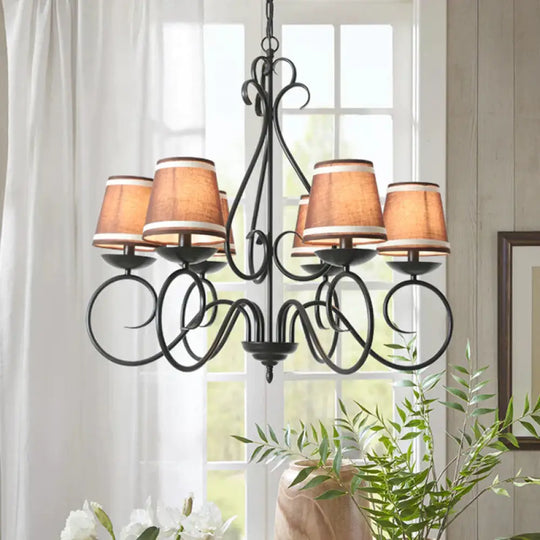 6 Lights Fabric Chandelier Light Traditional Coffee/Flaxen/White Conical Dining Room Hanging