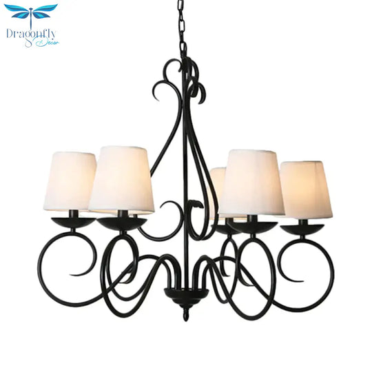 6 Lights Fabric Chandelier Light Traditional Coffee/Flaxen/White Conical Dining Room Hanging Fixture