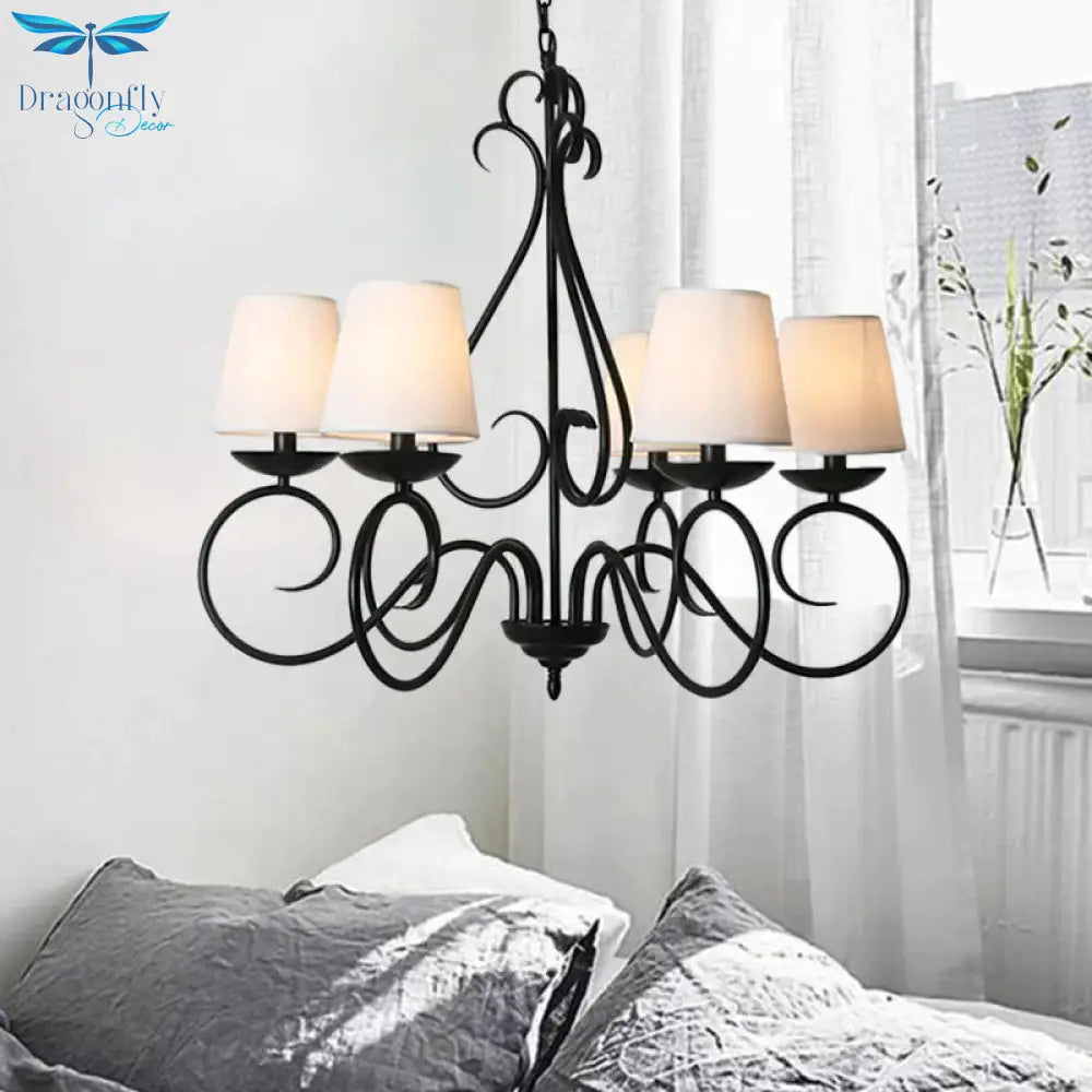 6 Lights Fabric Chandelier Light Traditional Coffee/Flaxen/White Conical Dining Room Hanging Fixture